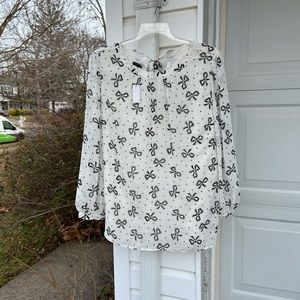 NWT Talbots Gorgeous White Black Bows Silver Ribbon Tie Back Lined  Blou…